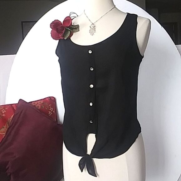 Sleeveless Blouse Top Silver Tone Buttons Tie Front Waist Black 90s Y2K M - Picture 9 of 10